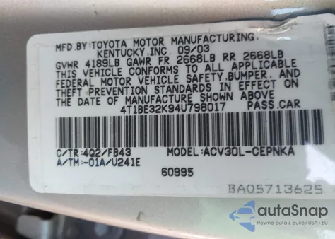 2004 Toyota Camry Le from USA, damaged, VIN 4T1BE32K94U798017